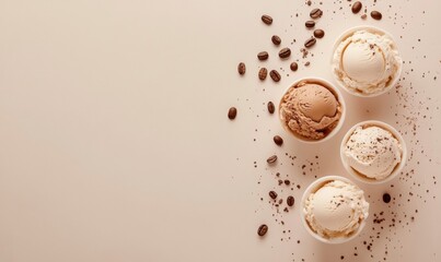 Assorted Ice Cream Flavors in Cups with Coffee Beans and Sprinkles
