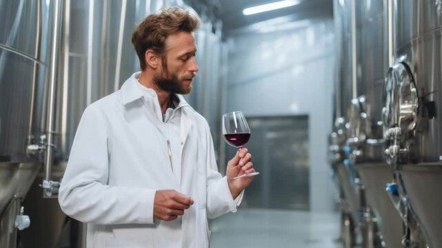 Expert Wine Taster: An experienced wine taster, with a discerning eye, samples the rich, ruby-red liquid in a modern, industrial winery setting. The ambiance exudes quality, expertise.