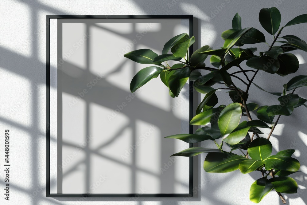 Aufkleber minimalist frame mockup with lush green ficus plant casting shadows on textured wall creating serene