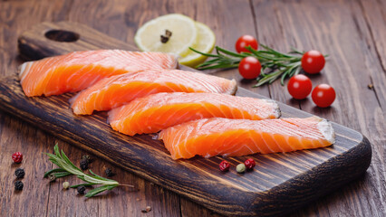 Fresh salmon slices on a natural wood cutting board, ideal for food photography or recipe illustrations