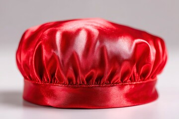 Close-up of Vibrant Red Satin Bouffant Cap for Hair Protection