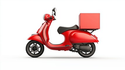 Realistic mockup of a red scooter delivery box mounted on the rear rack, blank red surface, isolated on a white background