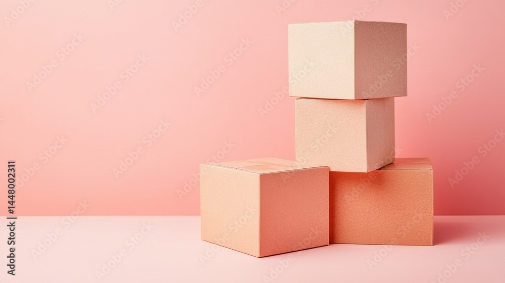 Poster minimalist arrangement of cardboard boxes on a soft pink background creating a modern and clean aest