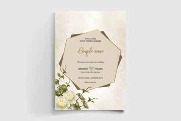 WEDDING INVITATION FRAME WITH FLOWER DECORATIONS AND FRESH LEAVES