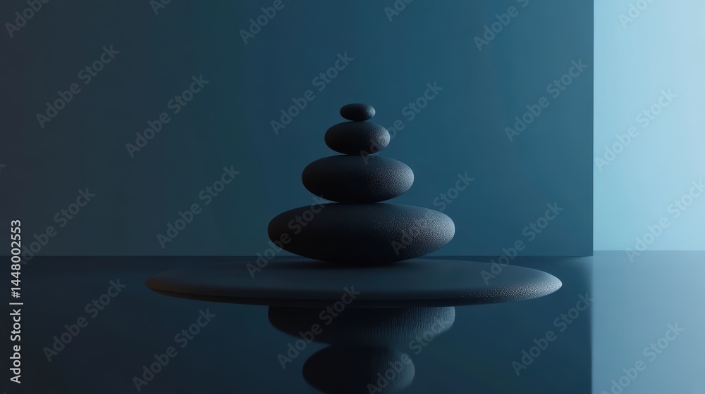 Poster serene zen stones balance on reflective surface in minimalist studio setting for meditation and well