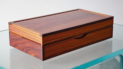 A wooden box sitting on a transparent glass table, perfect for decorative or storage use