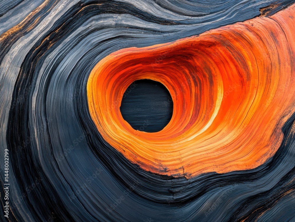Poster striking abstract wood grain texture featuring vibrant orange hues contrasted against dark charcoal 