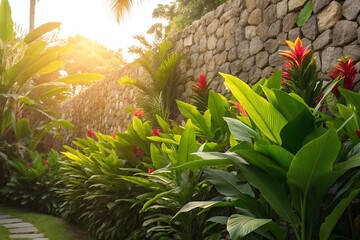 Fototapeta premium Sunlit Tropical Plants and Stone Wall Background
