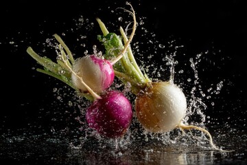 A captivating image of three fresh turnips creating a splash of water against a black backdrop.