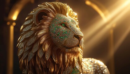 Naklejka premium Ornate lion statue with golden mane and textured face in a temple.