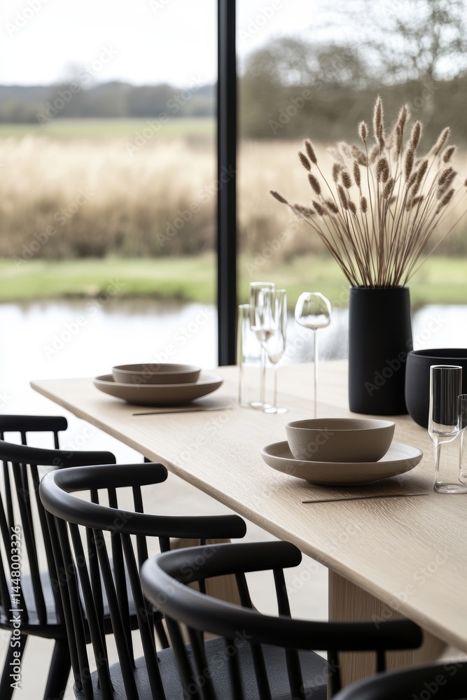 Poster serene dining setup featuring minimalist ceramics elegant glassware and graceful reed creating a neu