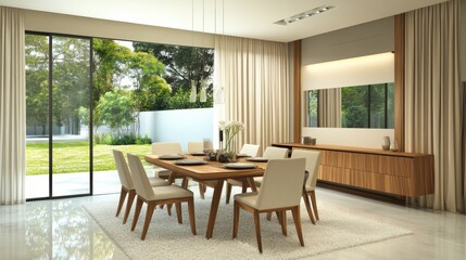 Fototapeta premium Modern dining room with wooden table chairs flowers white carpet and large windows overlooking the nature
