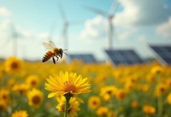 bee flying over a sunflower field, solar panels in background and eolic energy, concept