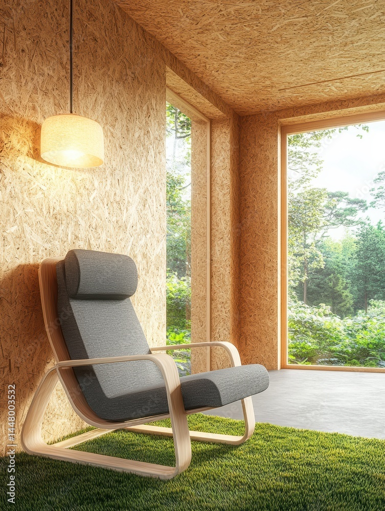 Poster serene interior featuring a modern chair, warm lighting, and a view of lush greenery, creating a tra