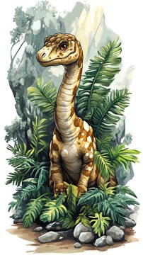 A charming illustration depicts a young prosauropod dinosaur led amongst lush prehistoric ferns and rocks.