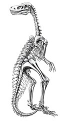 Fototapeta premium Detailed anatomical illustration of a theropod dinosaur skeleton in a classic scientific drawing style, perfect for educational purposes.