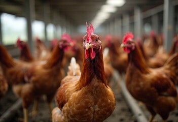 Close-up of a Rooster Amidst a Flock of Chickens