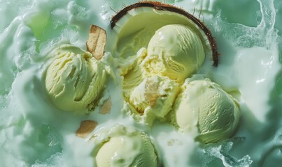 Obraz premium Creamy Coconut Ice Cream with Fresh Mint and Smooth Toppings