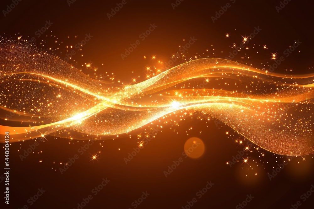Fototapete Golden abstract waves with sparkling particles on a dark brown background creating a magical and luxurious atmosphere perfect for festive designs and elegant presentations