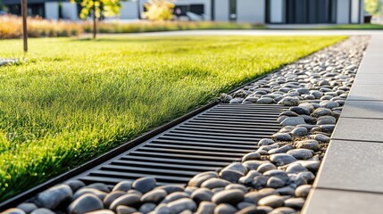 Modern Landscaping with Lush Green Grass and Decorative River Stones by a Sleek Drainage System in a Serene Garden Setting with Natural Sunlight