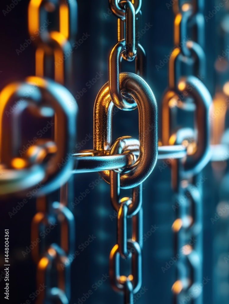 Aufkleber Metallic chain links gleaming in vibrant light a symbol of connection strength and industrial design a macro shot with a dark background and a modern aesthetic