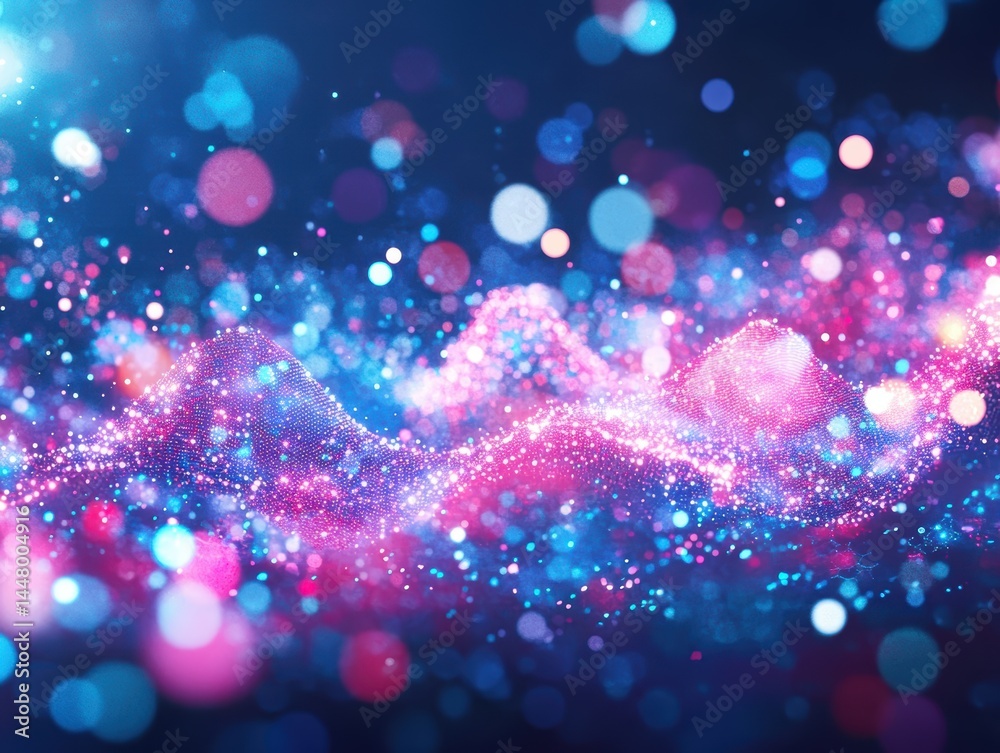 Poster Abstract landscape of glowing particles in blue and pink hues creating a futuristic and dreamy atmosphere with bokeh lights and a dark background