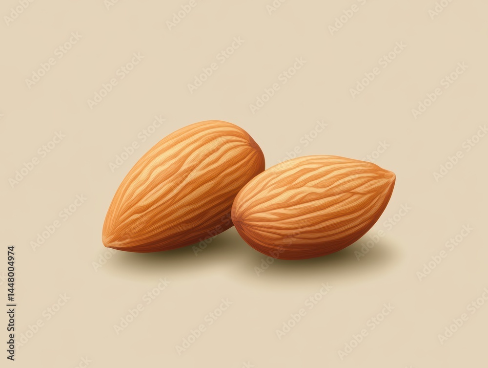 Leinwandbilder two almonds resting on a soft beige background showcasing their textured surface in a close up studi