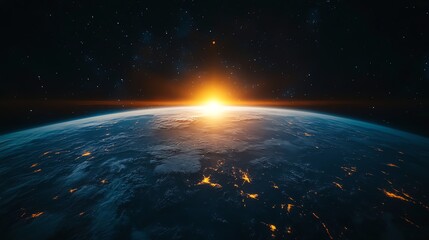 Stunning sunrise over Earth from space.  A vibrant spectacle of light and shadow showcasing our planet's beauty.