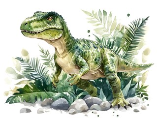 A majestic green Tyrannosaurus Rex dinosaur stands amidst lush tropical foliage and grey rocks in a watercolor painting.