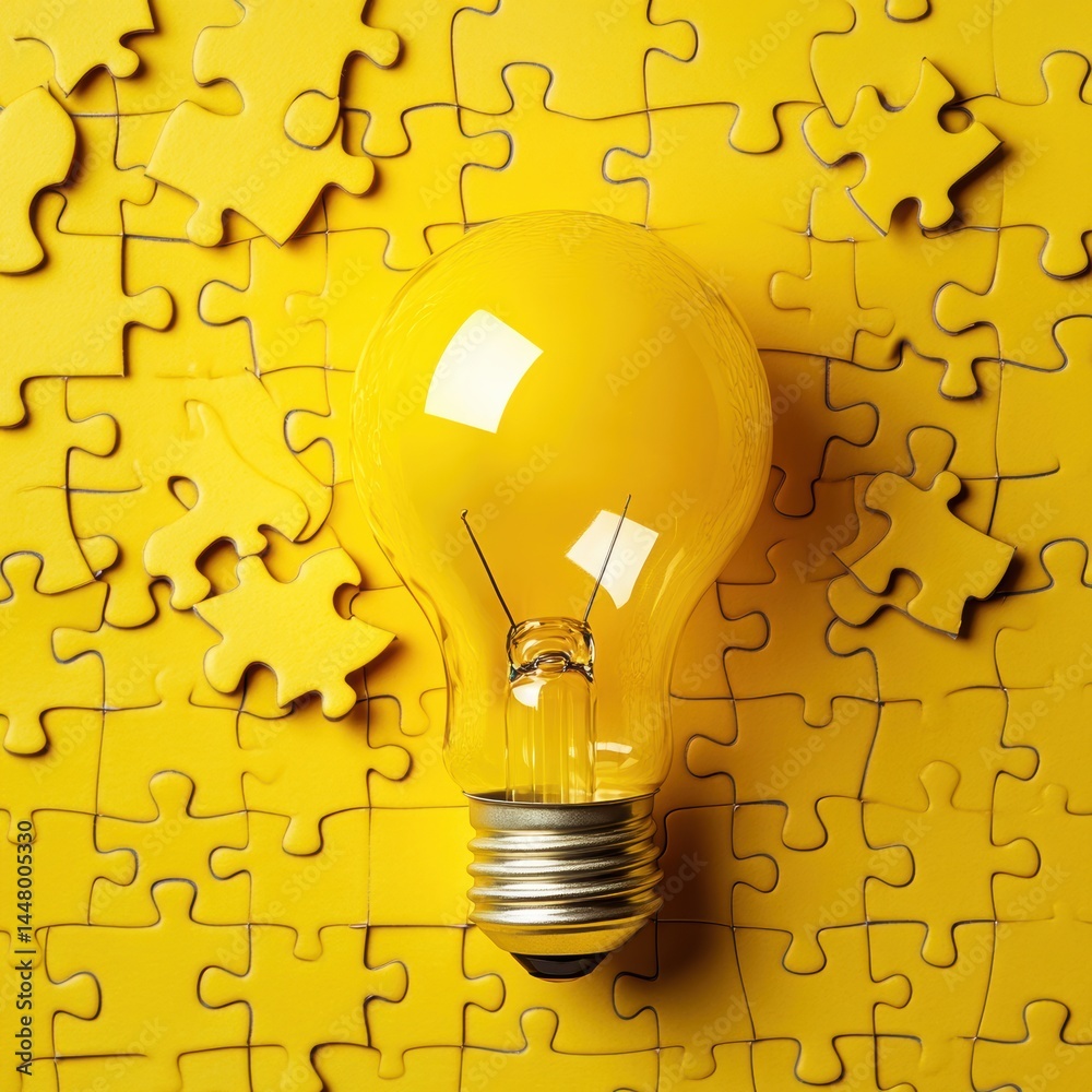 Poster Creative solution concept represented by a lightbulb placed on a yellow puzzle background symbolizing innovation and problem solving with a bright and vibrant mood