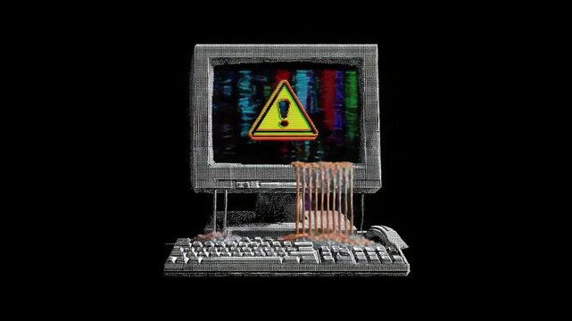 Cracked Monitor with Error Signal: An evocative image shows a vintage monitor in decay, the screen flashing an ominous alert symbol. Digital corruption and obsolescence theme.