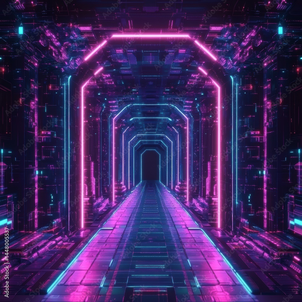 Poster Futuristic corridor with neon lights and digital architecture creating a technological atmosphere and a sense of depth with a dark blackground and a low angle view