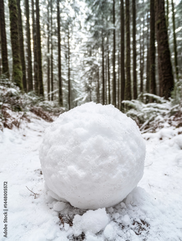 Aufkleber Enchanting winter scene featuring a pristine snowball nestled amidst a serene forest landscape with towering trees and a blanket of fresh snow creating a tranquil ambiance