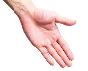 Male hand reach and ready to help or receive. Gesture isolated on white background.