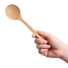 Female hand holding a wooden spoon isolated on white background.