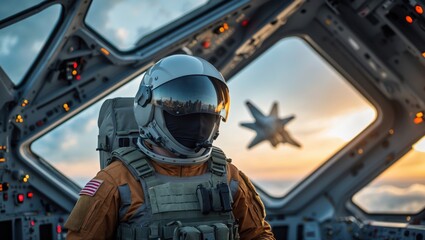 Fototapeta premium An astronaut in a detailed space suit stands inside a futuristic spacecraft cockpit, gazing at a starry sunset just outside the window, capturing the