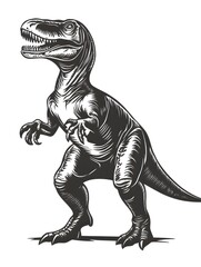 Fototapeta premium A majestic Tyrannosaurus Rex dinosaur illustration in a vintage woodcut style stands proudly on a white background.