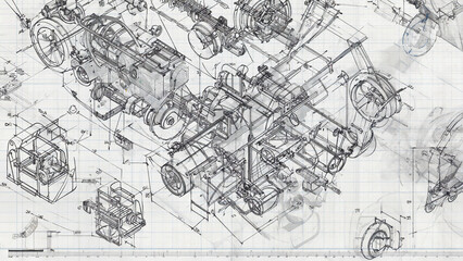 Fototapeta premium A machine design drawn on a sheet of paper