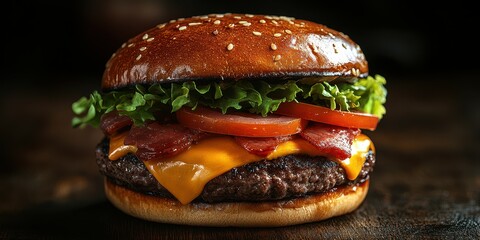 Juicy cheeseburger with crispy bacon, fresh lettuce, and tomato on sesame seed bun served in a rustic setting