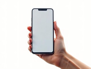  Realistic smartphone screen mockup held in a human hand, vertical orientation, clean background, focus on screen design.