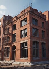 Obraz premium House undergoing renovation, brickwork and scaffolding visible, window, improvement