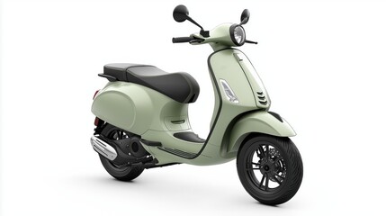 Obraz premium Realistic mockup of a vintage-style sage green scooter or front three-quarter angle, isolated on white or transparent background
