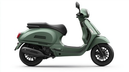 Obraz premium Realistic mockup of a vintage-style sage green scooter or front three-quarter angle, isolated on white or transparent background