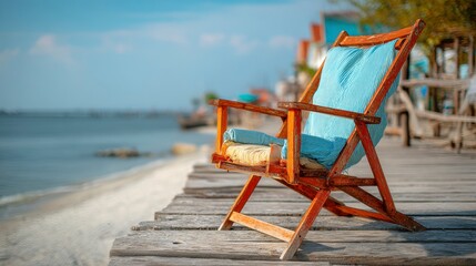 Relaxing Wooden Chair on a Beachside Boardwalk in Bright Sunshine