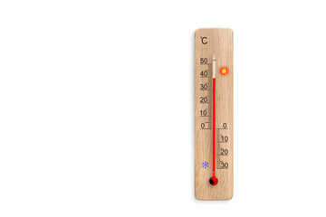 Wooden celsius scale thermometer isolated on white background. Ambient temperature plus 39 degrees celsius
