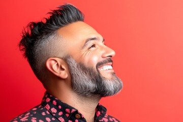 Obraz premium A vibrant male with a lively and glowing personality. Classy men's colored spike haircut - midlife white man with black hair. Red solid background. Idea of style for aging men.