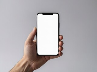  Realistic smartphone screen mockup held in a human hand, vertical orientation, clean background, focus on screen design.