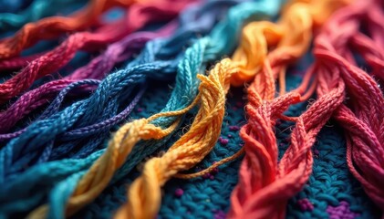 Interwoven threads forming complex geometric race pattern on fabric , textile art, material