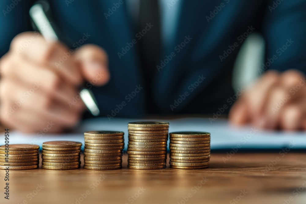 Poster businessman analyzing financial plans with growing coin stacks in office setting