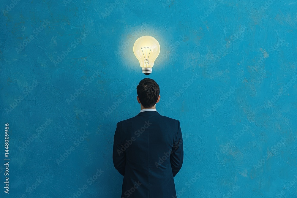 Poster businessman finding innovative smart business solutions with glowing lightbulb